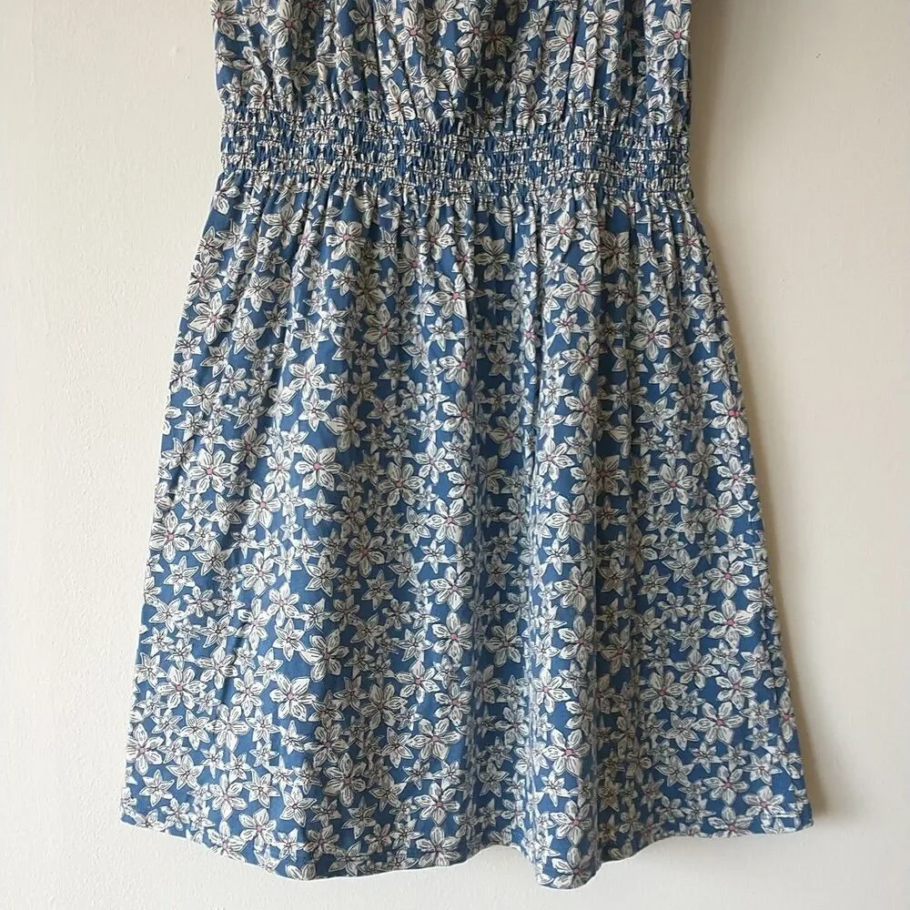 Gap Dress Girls XXL Blue Floral Elastic Waist Round Neck Short Sleeve Cotton